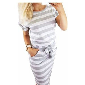 Women's Striped Elegant Short Sleeve Casual Pencil Dress with Belt |Size M|